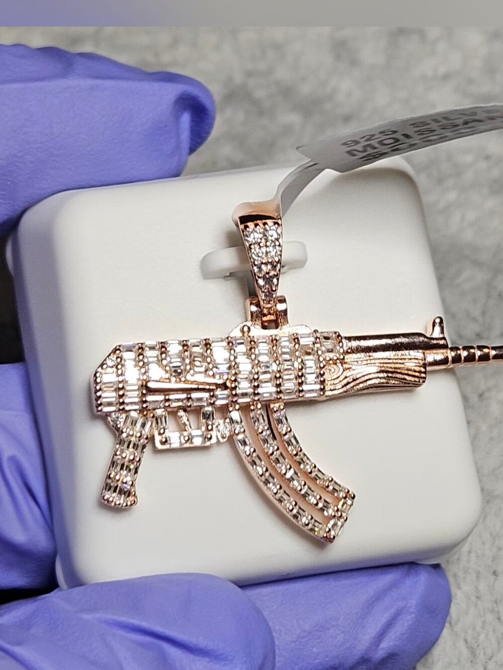 NWT 925 Rose Gold Moissanite AK-47 Rifle Pendant 2.00 CTW Iced Out